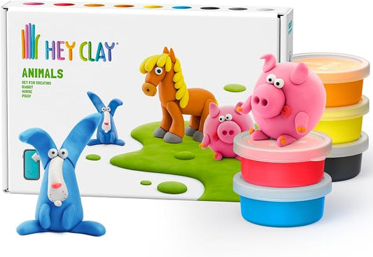 HEY CLAY Colorful Modeling Air Dry Clay for Kids 6 cans with Fun Interactive Instructions App - Kids Activities Age 3+ (Animals: Piggy, Horse, Rabbit)