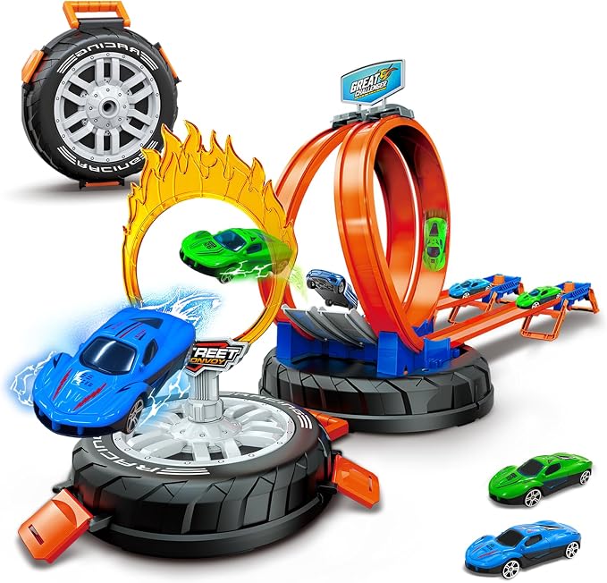 Race Car Track Set for Kids Ages 3-8，Transformable Tire Storage & Portable Handle into Race Course, Racing Toy Playset Birthday Gift for Kids Boys Girls