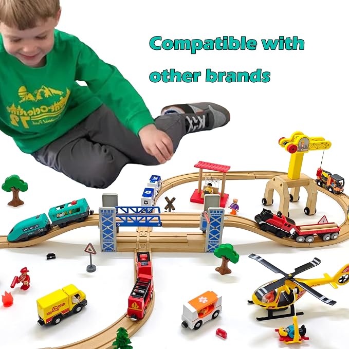 Battery Operated Police Train for Wooden Train Tracks with Figures Kids Magnetic Wooden Trains Set for Toddlers Boys 3-5 4-8 (Without Battery and Tracks) (Green)