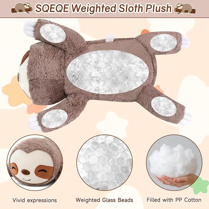 SQEQE Weighted Stuffed Animals Sloth Plush, Weighted Sloth Stuffed Animals Plushies, Soft Pillow Toy for Kids Adults, Valentines & Birthday Gifts 9.8 Inch, 0.8 Lb