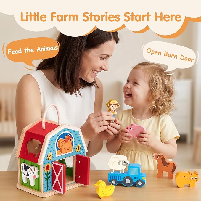 hahaland Wooden Montessori Toys for 1 Year Old, Farm Animals Barn for Toddlers 1-3 Shape Sorter Stacking Learning Toy for 1 2 3 Year Old Boys Girls Educational Toy Christmas Birthday Gift