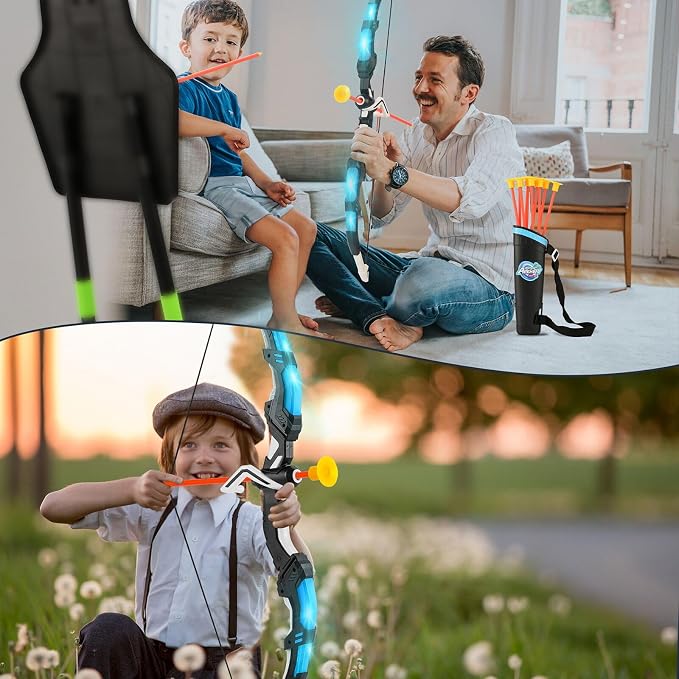 Bow and Arrow Set for Kids, 2 Pack LED Light Up Archery Set with 20 Suction Cup Arrows, Indoor and Outdoor Toy for Boys Girls Age 4-8 8-12 with Standing Target&2 Quivers, Birthday Gift 3-12 Years Old