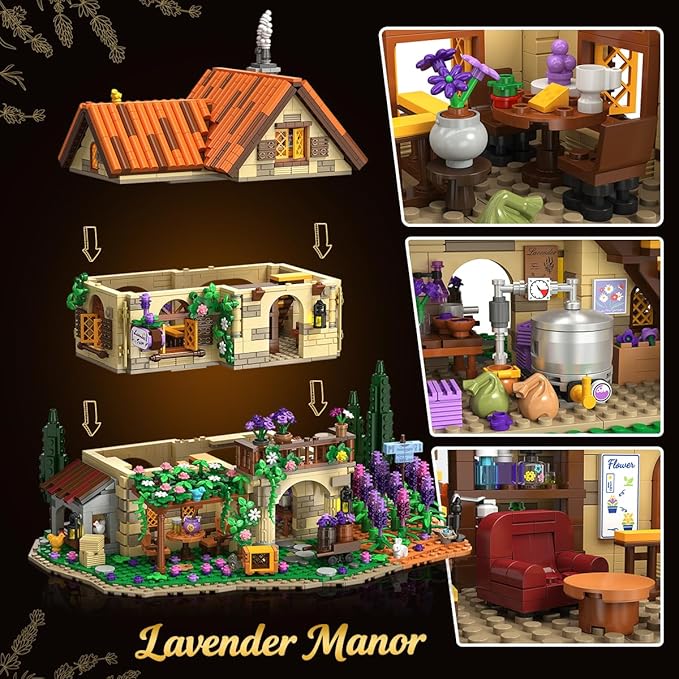 INSOON Lavender Cottage House Building Set with Lights, 1960 PCS Cozy Lavender Flower Garden Home Decor, Romantic Manor Construction Collection Building Kit, Gift for Adults Teens Boys Girls 12+