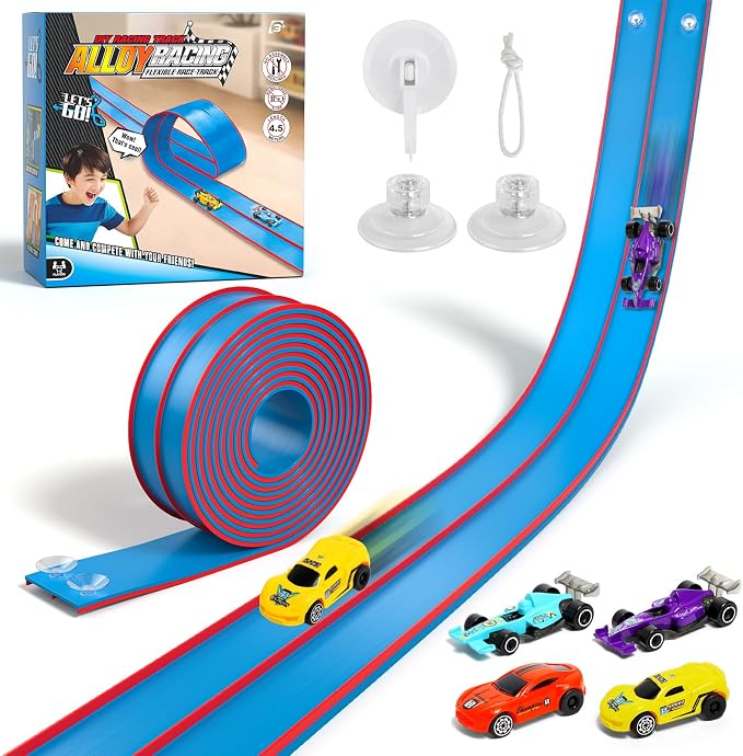 Sunrad 15Ft Flexible Race Car Track Toys for Kids with 4 Car & Suction Cups, Flex Tracks Starter Set Compatible with 1:64 Diecast Cars Portable Rolls Up DIY Racetrack, Gift for Boys Girls Age 3-5 4-8+