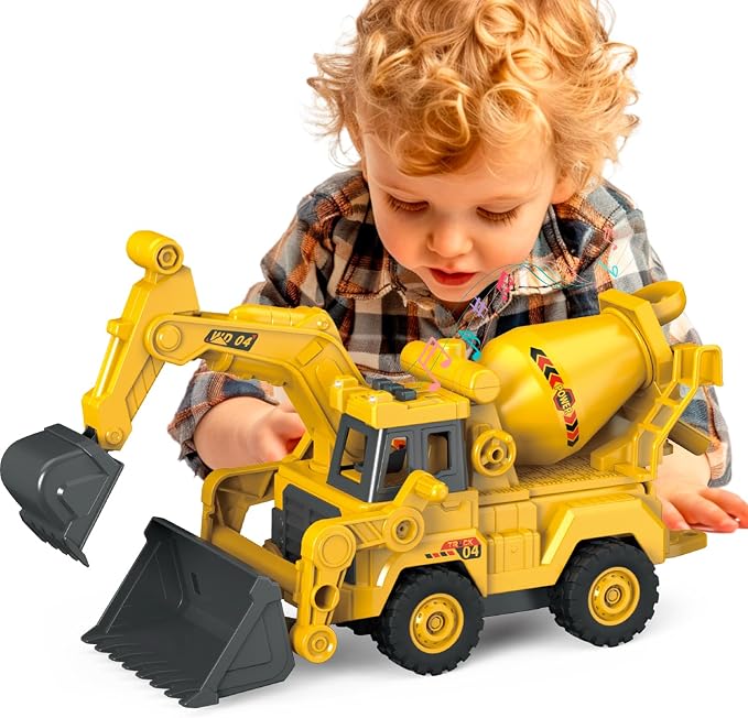 3-in-1 Construction Truck Toy, Excavator & Bulldozer & Cement Mixer, Working Digger Arm, Front Push Blade & Rotating Mixing Drum, Inertia-Powered Push-and-Go, Sandbox Vehicle for Boys Girls Age 3+