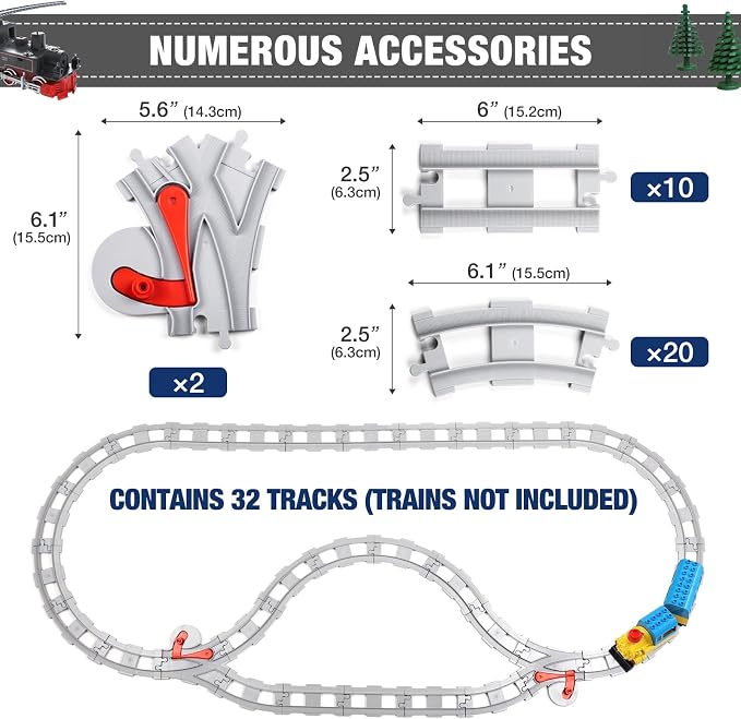 MANNIDOO 32 Pieces Train Tracks, Classic Railway Track with 20 Curved Tracks, 10 Straight Tracks and 2 Switches Tracks - Compatible with All Major Brands, Toy Track Accessory for Kid, Light Grey