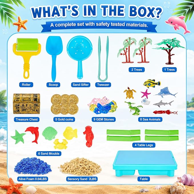 Carolart Ocean Sensory Table with Sands, Bin with Lid, Indoor Outdoor Use, Sand Art Kit for Boys and Girls, Toys for Toddlers Age 3-5, 17x11.5x10.2 Inches