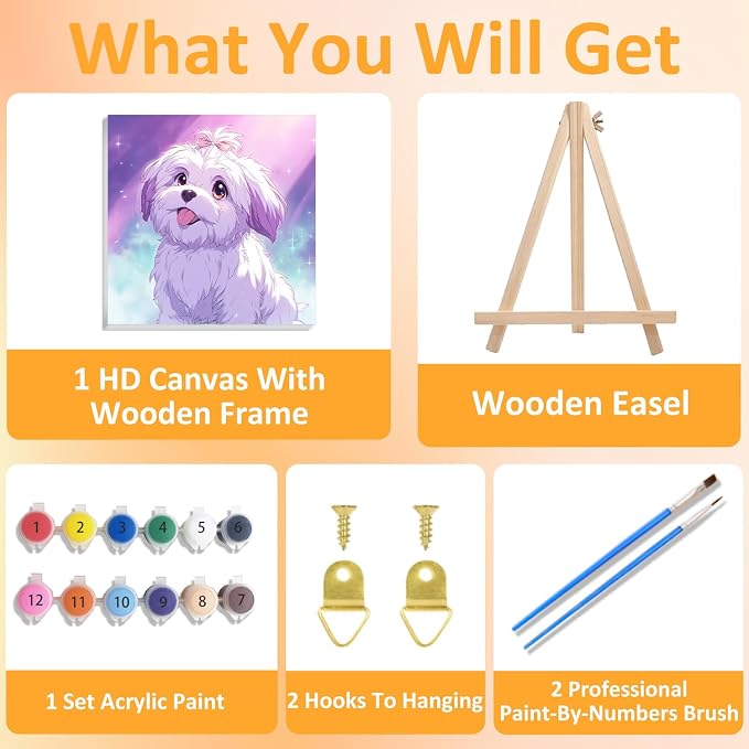 Paint by Numbers Kit for Kids with Frame, Dog Paint by Numbers for Kids Ages 4-8-12, DIY Dog Acrylic Oil Painting for Home Wall Art Decor 7.8x7.8 inch (with Frame Easel)