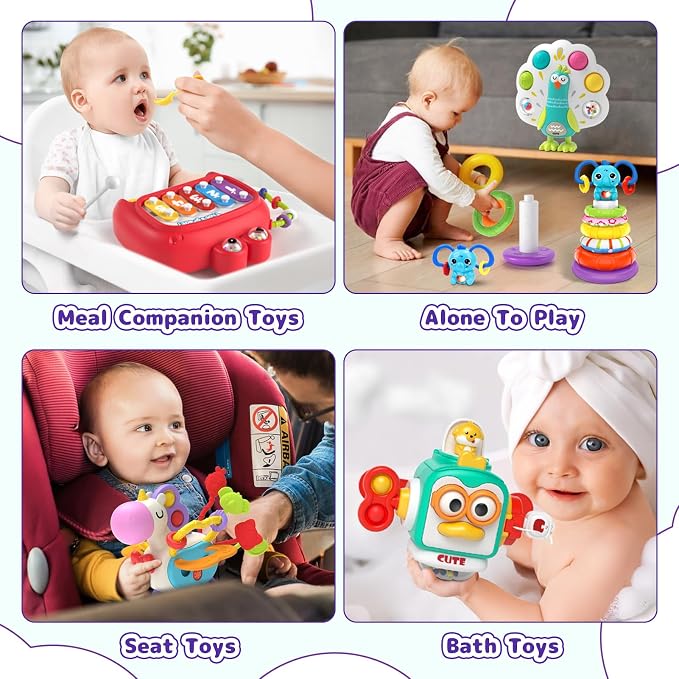 usrela 5 in 1 Baby Toys for 12 18 Month, Learning Toy for Babies 12-18 Months, Baby Busy Cube, Stacking&Sensory, Pull String&Piano Xylophone Toy, Birthday Gift for 12+ Month