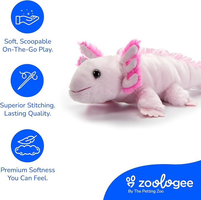 The Petting Zoo Axolotl Stuffed Animal Plushie, Gifts for Kids, Scoopz Sealife Animals, Pink Salamander Plush Toy, 8 inches