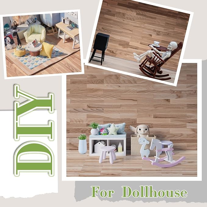 Flutesan 12 Pcs Miniature Dollhouse Wallpaper and Flooring Peel and Stick Mini DIY Self Adhesive Dollhouse Accessories 8.27 x 11.69 Inch (Natural Style)