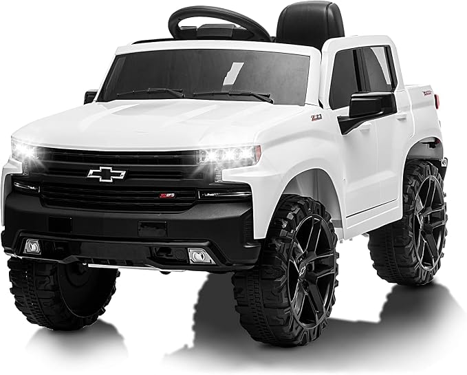 12V Ride on Car with R/C, Battery Powered Licensed Chevrolet Silverado GMC Kids Ride On Truck, Toddler Electric Vehicles Toys, MP3 Music,FM Radio,Bluetooth, Spring Suspension, LED Light (White one)