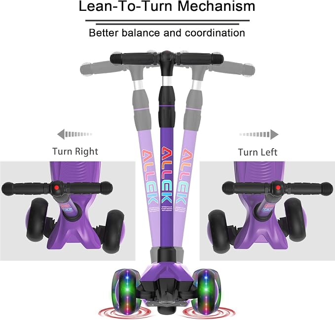 Allek Kick Scooter B03, Lean 'N Glide 3-Wheeled Push Scooter with Extra Wide PU Light-Up Wheels, Any Height Adjustable Handlebar and Strong Thick Deck for Children from 3-12yrs (Purple)