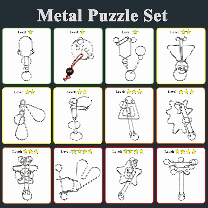 KINGOU Metal Wire Brain Teaser Puzzles, 12 Pcs Interlocking IQ Test Disentanglement Toys with 3mm Polished Nickel-Plated Coils, Logic Game Set for Kids Adults Party Favors and Travel - Model A