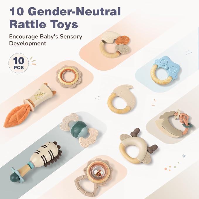Joyreal Baby Rattles & Teething Toys Set, Baby Toys 0-6 Months, 10-Pack | Easy to Clean & Sterilize, Food-Grade Silicone, Neutral, Sensory Development, Textured Surface, Storage Box, Baby Shower Gift