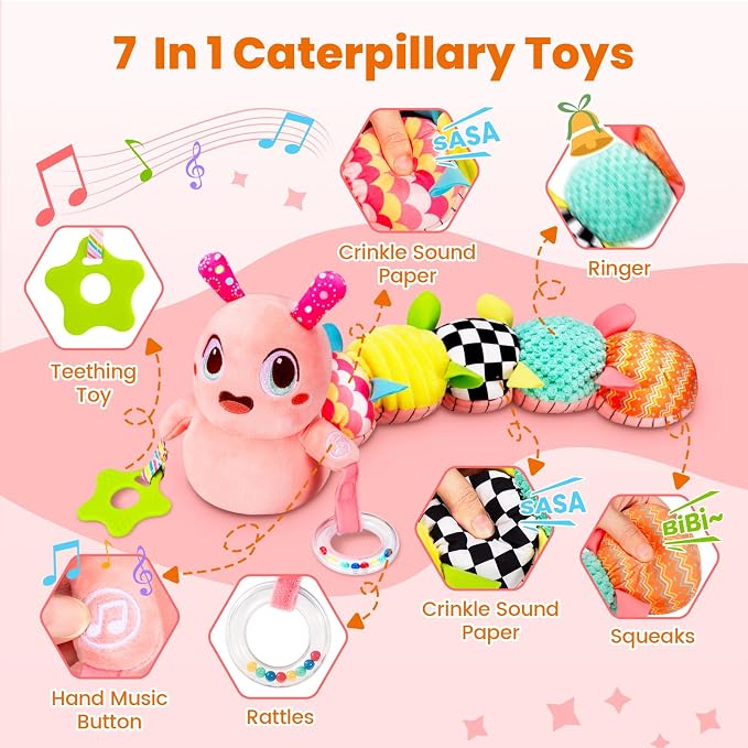 GoGonova Musical Caterpillar Baby Sensory Toy for Infant Development 0-12 Months – Tummy Time Crawler & Teether – Newborn Bath, Car Seat, Stroller & Bassinet Activity Toy & Gift(Pink)