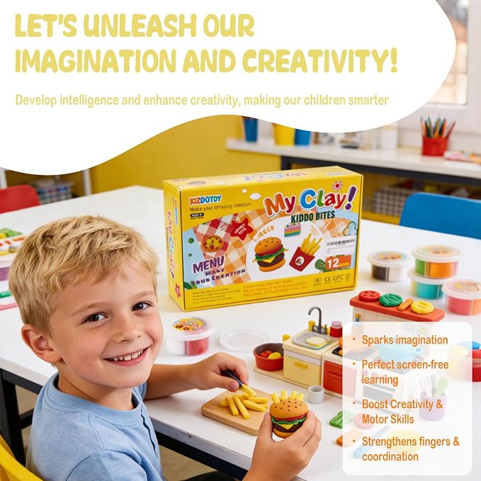 Food Clay Kit for Kids – 12 Mini Food Themes: Pizza, Burger, Fries & More | Air Dry Modeling Set with Tools & Tutorials | Non-Sticky | Creative Gift for Boys Girls 3+