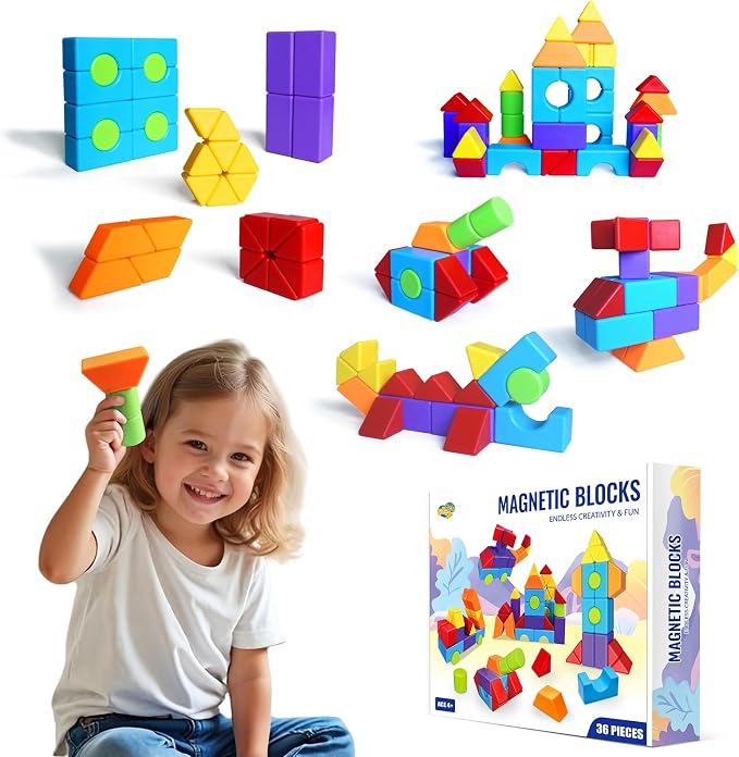 Magnetic Building Blocks, Multi 3D Shapes Set, 36 PCS for Kids Ages 4+ | 6 Colors, Large 1.65 Inch Magnetic Blocks, 6 Types of 3D Multi Shape Design