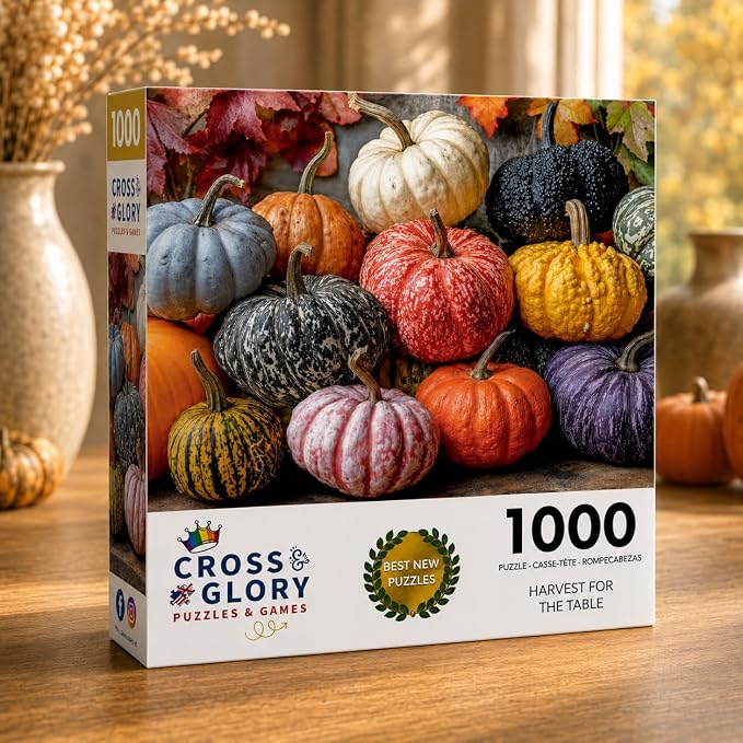 Cross & Glory - Harvest for The Table - 1000 Piece Jigsaw Puzzle for Adults | Colorful Pumpkins, Gourds & Autumn Leaves | Premium Quality Adult Puzzle