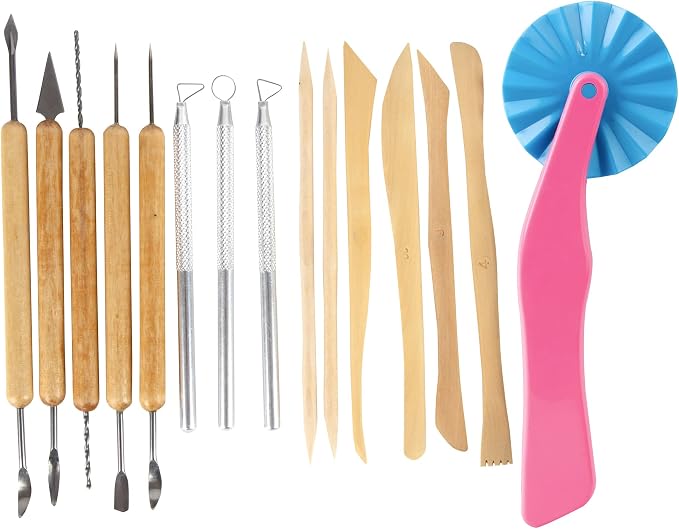 Pottery Tool Starter Kit- 15-Piece 26-Tool Beginner's Clay Ceramics Modeling Carving Sculpting Set- Arts & Crafts School Project, w Carrying Case, Birthday Gift for Kids, Gift Set for Artists