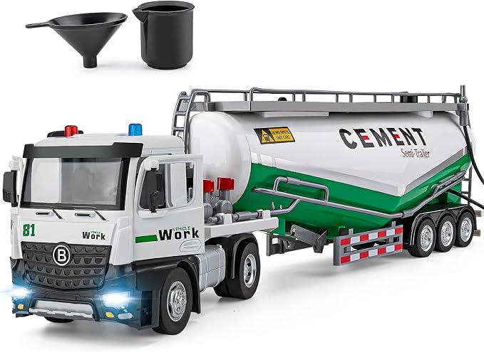 HAPYAD Diecast Semi Truck Toy, Big Tractor Trailer for Boys Toddlers, 18.2" | Large Tanker Truck, Metal Cab, Lights and Sounds, Working Water Pump, Friction Powered Truck and Trailer Toys for Boys Kids