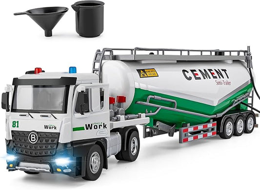 HAPYAD Diecast Semi Truck Toy, Big Tractor Trailer for Boys Toddlers, 18.2" | Large Tanker Truck, Metal Cab, Lights and Sounds, Working Water Pump, Friction Powered Truck and Trailer Toys for Boys Kids