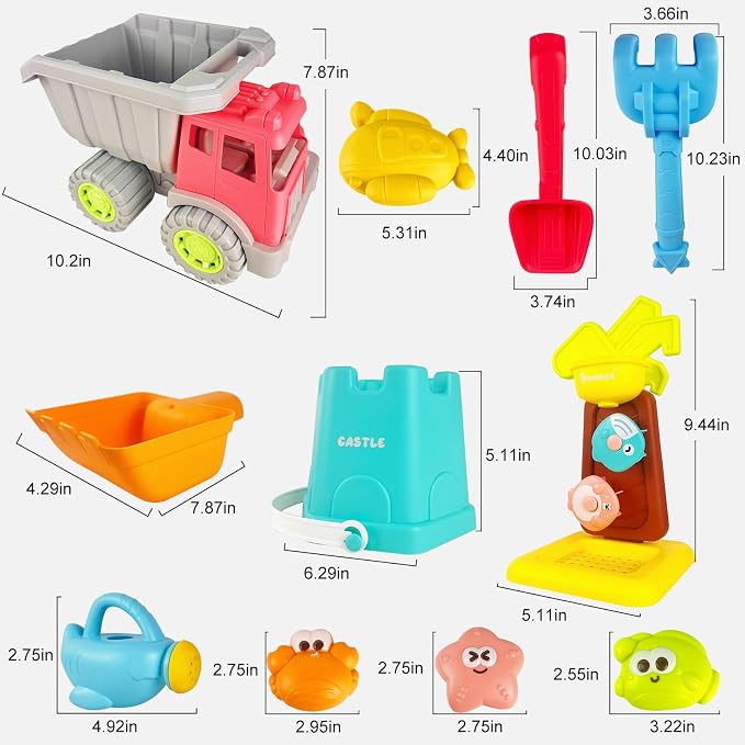 IOKUKI Sand Toys with Extra Large Mesh Bag Including Dump Truck, Sand Water Wheel, Beach Buckets, Shovels, Rakes, Molds, Outdoor Beach Toys Tool Kit for Kids, Toddlers, Boys and Girls (12 PCS) Age 3+