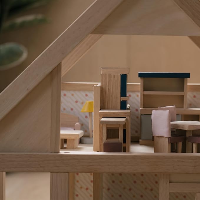 PlanToys® Wooden Dining Room Set | Montessori Dollhouse Furniture with Table, Chairs, Cupboard and Shelf | Imaginative Role Play Toy for Social Interaction | Eco Friendly Pretend Play Kitchen Activity