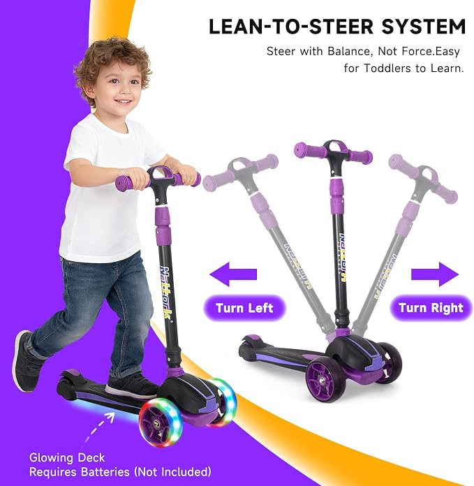 Nattork Kids Scooter for Age 3-8, Toddler Scooter with 4 Adjustable Height for Boys & Girls, Light Up 3-Wheels Foldable Kick Scooter, Lean to Steer, 120LB Weight Capacity