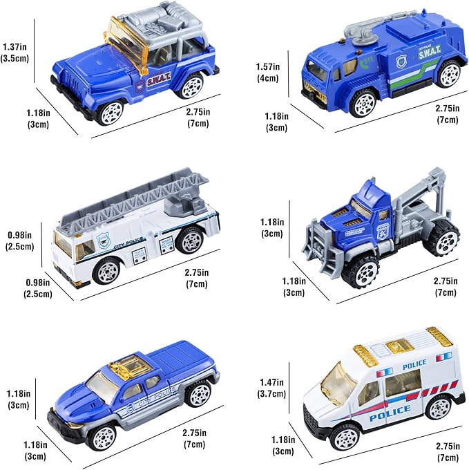BenRich 6Pcs Mini Die Cast Car 1/64 Scale Alloy Metal Model Vehicle Set - Ladder, Water Tower, Ambulance, Police Patrol Car & Transport Truck, Patrol - Toys for Kids Boys Girls Birthday Xmas Present