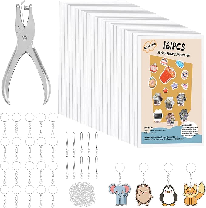 CRTWDMAN 161 Pcs Shrink Paper Keychain Kit,with 30 Pcs Shrink Plastic Sheets 7.9"x5.7",Hole Punch,Lobster Clasps,Jump Rings DIY Crafts for Teens