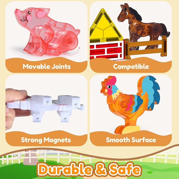 Oriate Magnetic Tiles 3D Animal Farm Toys, 5pcs Farm Animals for Kids, Movable Joints Animal Toys Suitable for Kids Magnetic Blocks Building Magnet Tiles, STEM Educational Construction