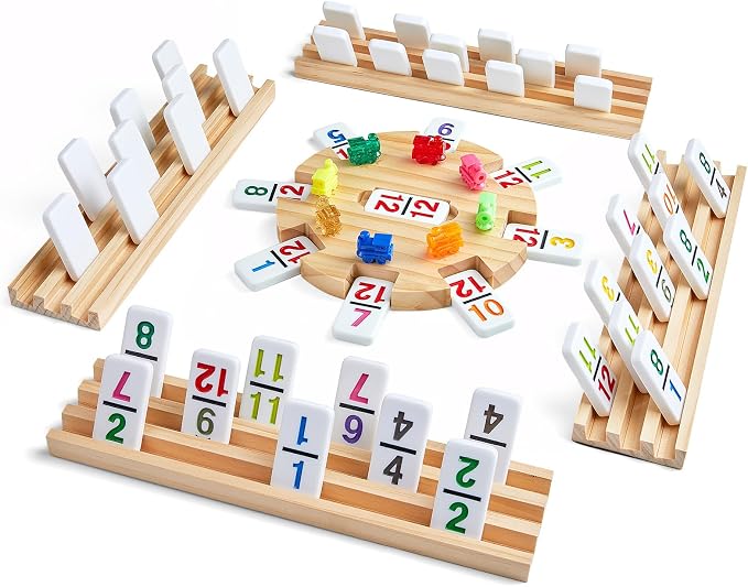 ELONGDI Mexican Train Dominoes Set with 4 Wooden Trays/Racks and Portable Carrying Case,Travel Colorful Double 12 Dominoes - 91 Numbered Tiles,for Kids and Adults