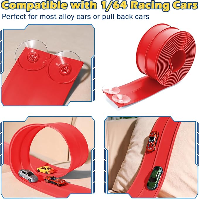 Upgrade Flexible Race Track for Kids 3+, Flexible Car Track 15Ft Race Track Compatible with Diecast 1/64th Cars, Roll Up Car Ramp Toy with Strong Suction Cups