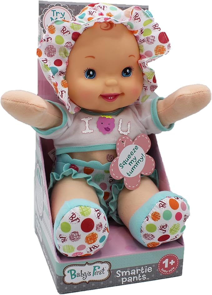 Goldberger Baby's First 12" Smartie Pants Doll with Raspberry White T-Shirt - Includes "Baby Talk" Sound Module with Surprise Raspberry Ending