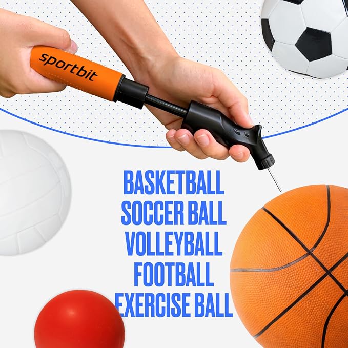 SPORTBIT Ball Pump for Sports Balls - Push & Pull Inflating System - Hand Pump for Exercise Balls - Volleyball Pump, Basketball Inflator, Ball Air Pump - Goes with 5 Needles Set