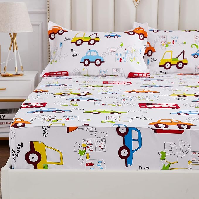 Brandream Kids Boys Sheets Queen Size Construction Cars Trucks Cotton Bed Sheets 4 Piece Set