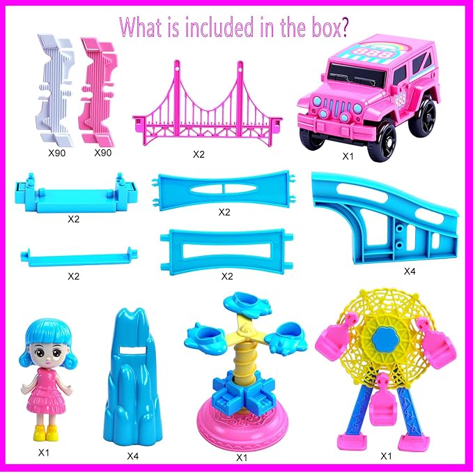Race Tracks for Kids Ages 4-8, 203 PCS Pink Magic Tracks Electric Toys, Flexible Car Track Set Girls Toys Birthday Gifts for 2 3 4 5 6 Year Old Girls and Toddlers