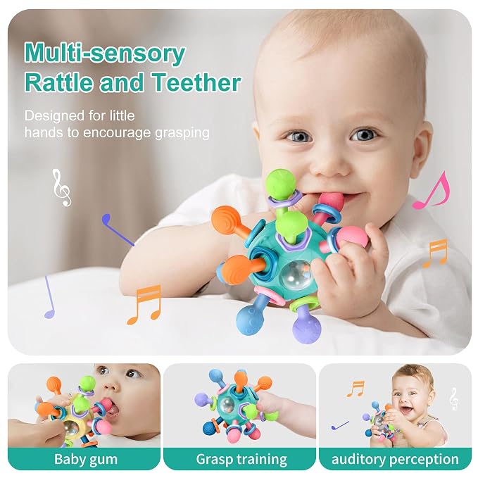 Baby Montessori Teething Toys for 0-6 6-12 Months Infant Teethers Sensory Toys for Babies 0 3 6 9 12 18 Months Learning Developmental Chew Rattle Toys Shower Gifts for 1 2 Year Old Girls Boys Yellow