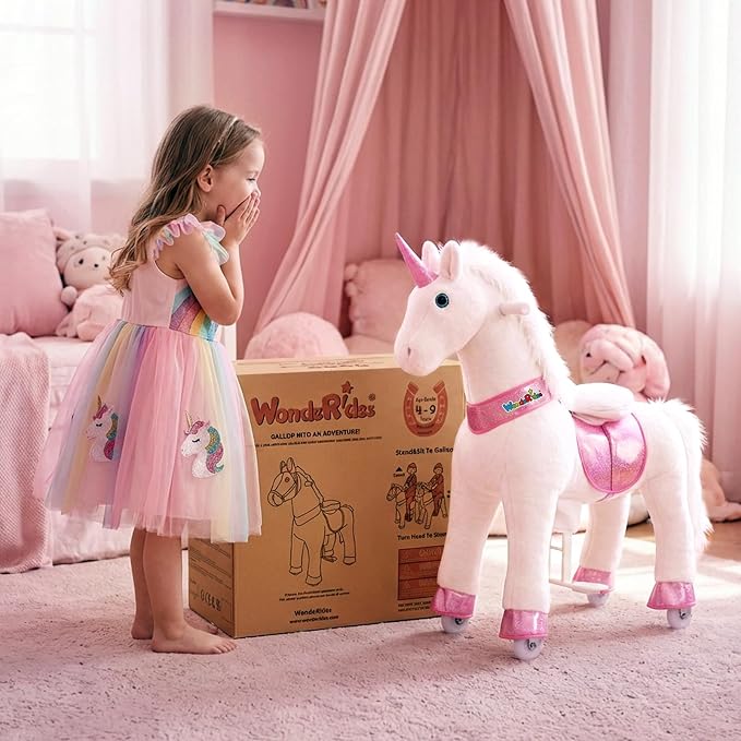 WondeRides Ride on Unicorn Horse White Pony Cycle Toy Size 4 for 4-9 Years, 36 Inch Height Riding Pony Unicorn with Wheels Mechanical Walking Rocking Plush Animal as Birthday Gifts for Children M432-1