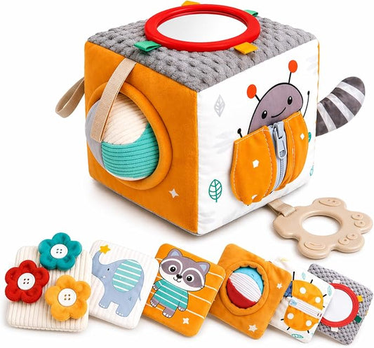 Baby Activity Cube Toy 8-in-1 for Babies 6-12 Months | Montessori Sensory Cube with Mirror, Teether, Crinkle Textures & Fine Motor Activities | Soft Busy Cube Toy for Toddler