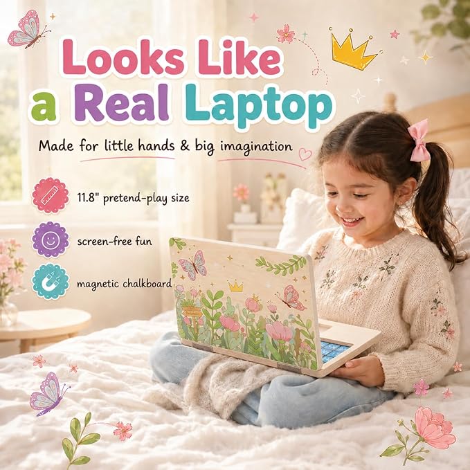 Montessori Toys 4 Year Old Girl Birthday Gifts 11.8" Floral Laptop, Homeschool Essentials, Educational Learning Pretend Play, Toddlers Toys, Customized Flashcards Learning