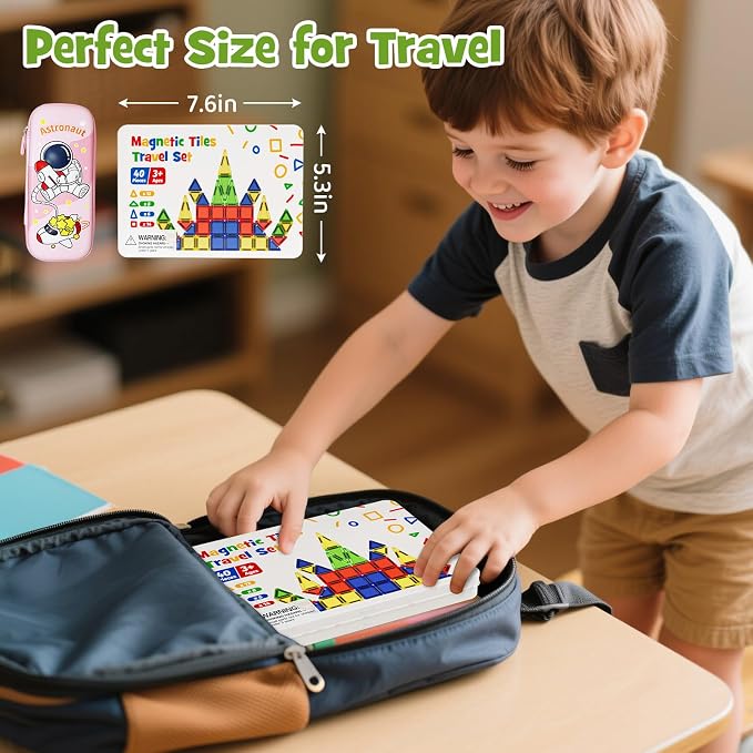 Mini Magnetic Tiles for Kids Travel - 40pcs STEM Building Blocks with Visual Storage Guide & Metal Box Play Base, Toddler Airplane Activities Toys for Ages 3-5,4-8, Compact Travel Toys