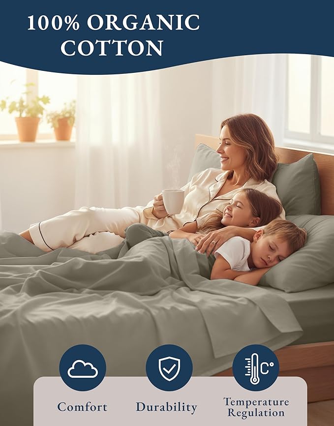 LANE LINEN California King Size Bed Sheet Set 100% Organic Cotton - Silver | Cal King Sheet Set, GOTS Certified Organic Cotton Percale - Best-Value Organic Cotton, Affordable Organic Luxury