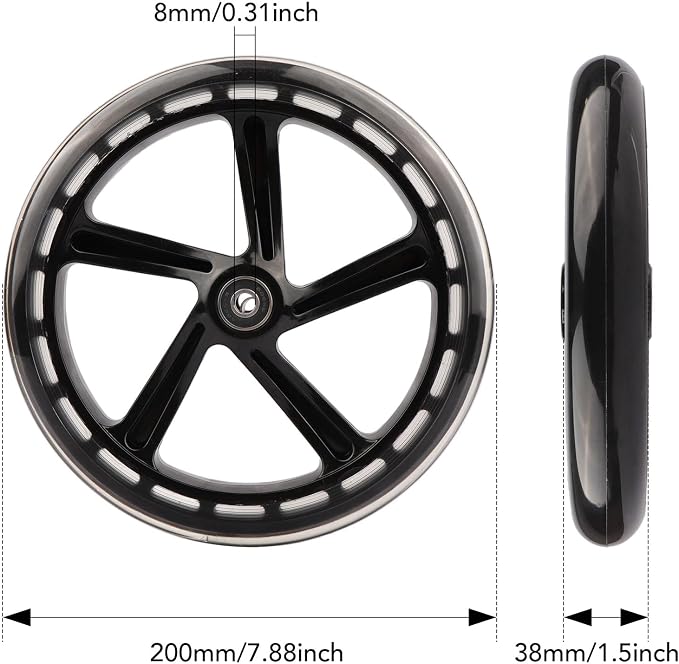 2-Pack 200mm Scooter Replacement Wheels - 8-Inch Wheels for Razor A5, Lascoota, Kid, Youth, Adult Kick Push Scooter (Black)
