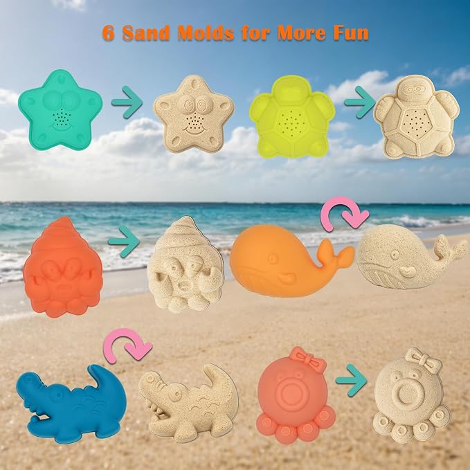 Beach Toys Essential Set for Kids 3-10, Collapsible Sand Bucket Set with 3 Shovels, 6 Sand Molds and Large Mesh Bag, Sand Toys for Beach, Sandbox Travel Toys for Toddlers Kids