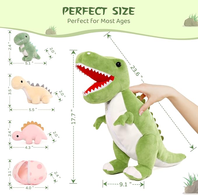 MorisMos Dinosaur Stuffed Animal with Babies,23.6'' Big T-Rex Mommy Stuffed Dinosaur with 3 Baby Dino Plush Toys, 3 Eggs,Boy Girl Dino Toys for Kid Birthday Christmas,Green T-rex