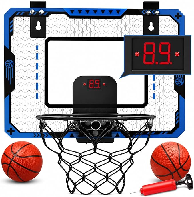 Indoor Basketball Hoop for Kids Age 5-10, Mini Basketball Hoop Over The Door Basketball Hoop with Electronic Scoreboard & 3 Balls - Door Basketball Hoop Indoor for Gift for Boys Age 5-10