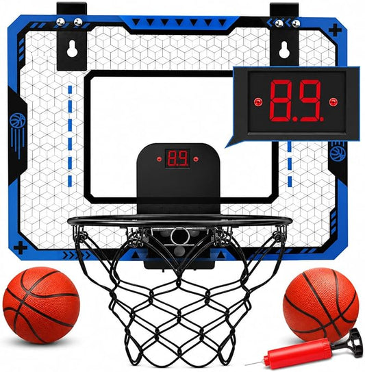 Indoor Basketball Hoop for Kids Age 5-10, Mini Basketball Hoop Over The Door Basketball Hoop with Electronic Scoreboard & 3 Balls - Door Basketball Hoop Indoor for Gift for Boys Age 5-10