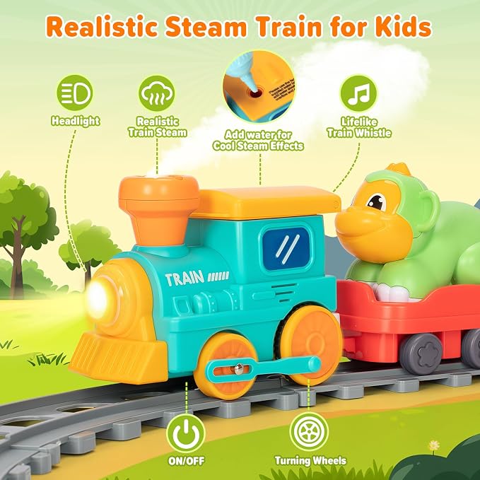 Electric Train Set for Toddlers, Realistic Steam Train Toys with Tracks for Kids 2-4, Animal Toys for Toddlers with Music & Lights, Christmas Birthday Gifts for 1 2 3 4 5 Year Old Boys Girls